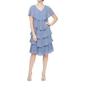 S.L. Fashions Womens Periwinkle Short Sleeve Tiered Chiffon Cocktail Dress Sz 6